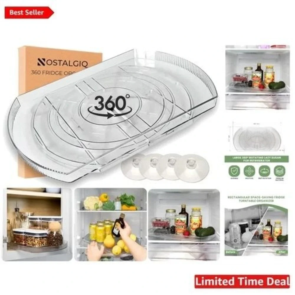 Transparent Rectangular Lazy Susan Organizer Rotating Fridge Pantry Storage Tray